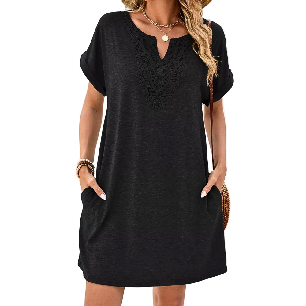 Casual Mini Dress Laace Trim Notched Neck Short Sleeve Summer with Pockets