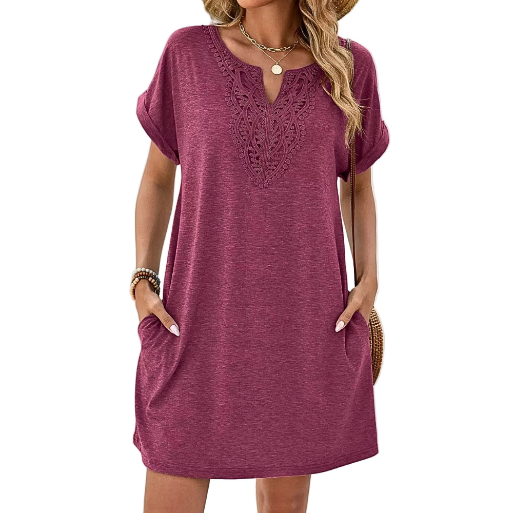 Casual Mini Dress Laace Trim Notched Neck Short Sleeve Summer with Pockets