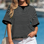 Casual Striped T-Shirt Oversized Round Neck Black Trim Short Sleeve Loose Top