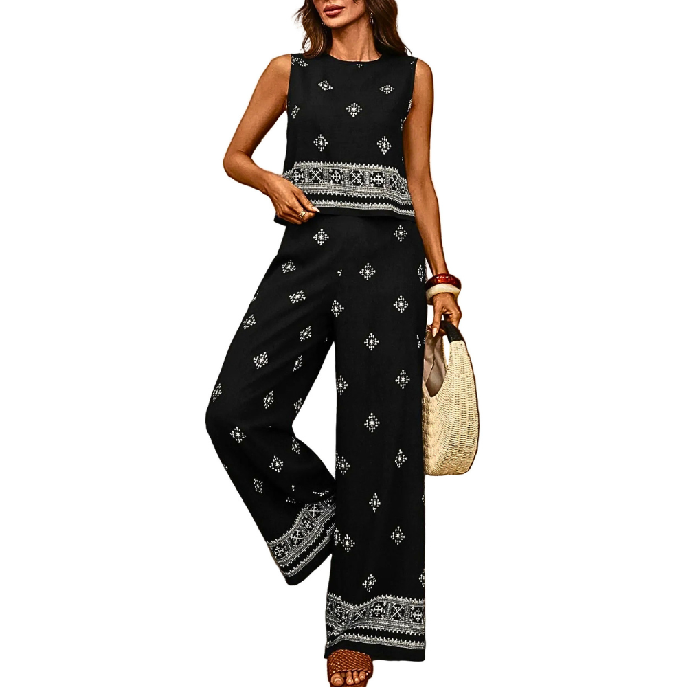 Casual Summer Outfit Set Black Floral Sleeveless Tank Top and Wide Leg Loose Pants