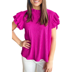 Casual Women's Blouse Textured Ruffle Trim Short Sleeve Hot Pink Frill Top