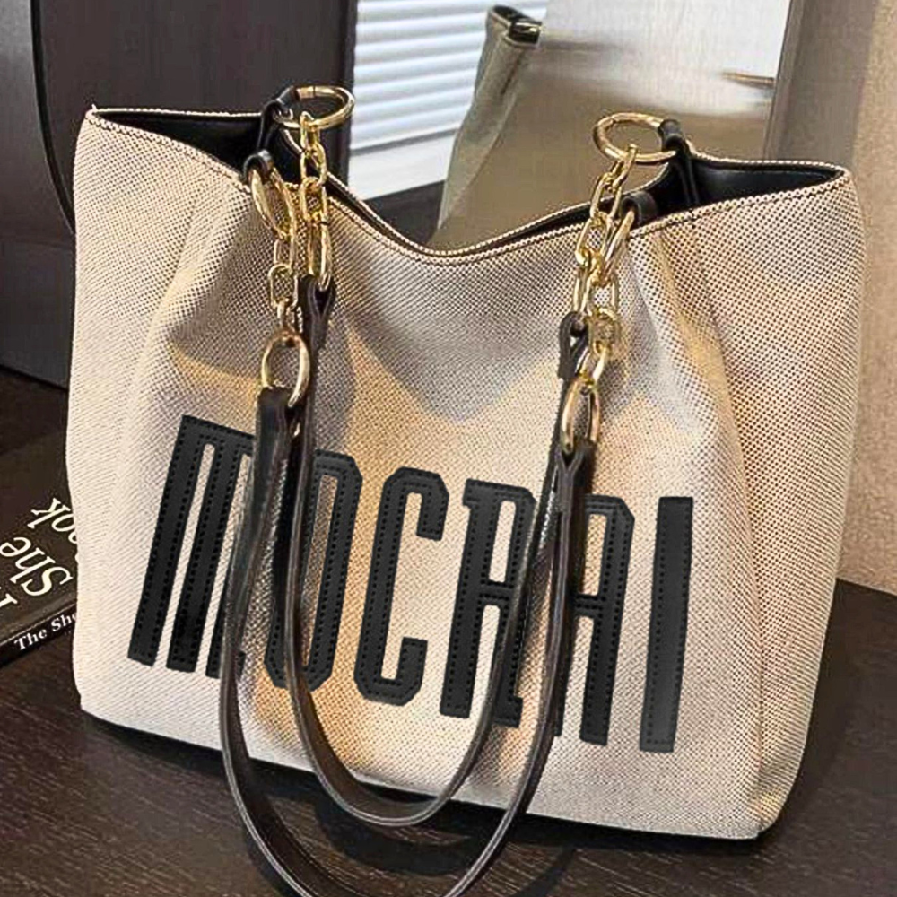 Casual Women's Canvas Shoulder Bag Medium Letter Print Chain Strap Handbag