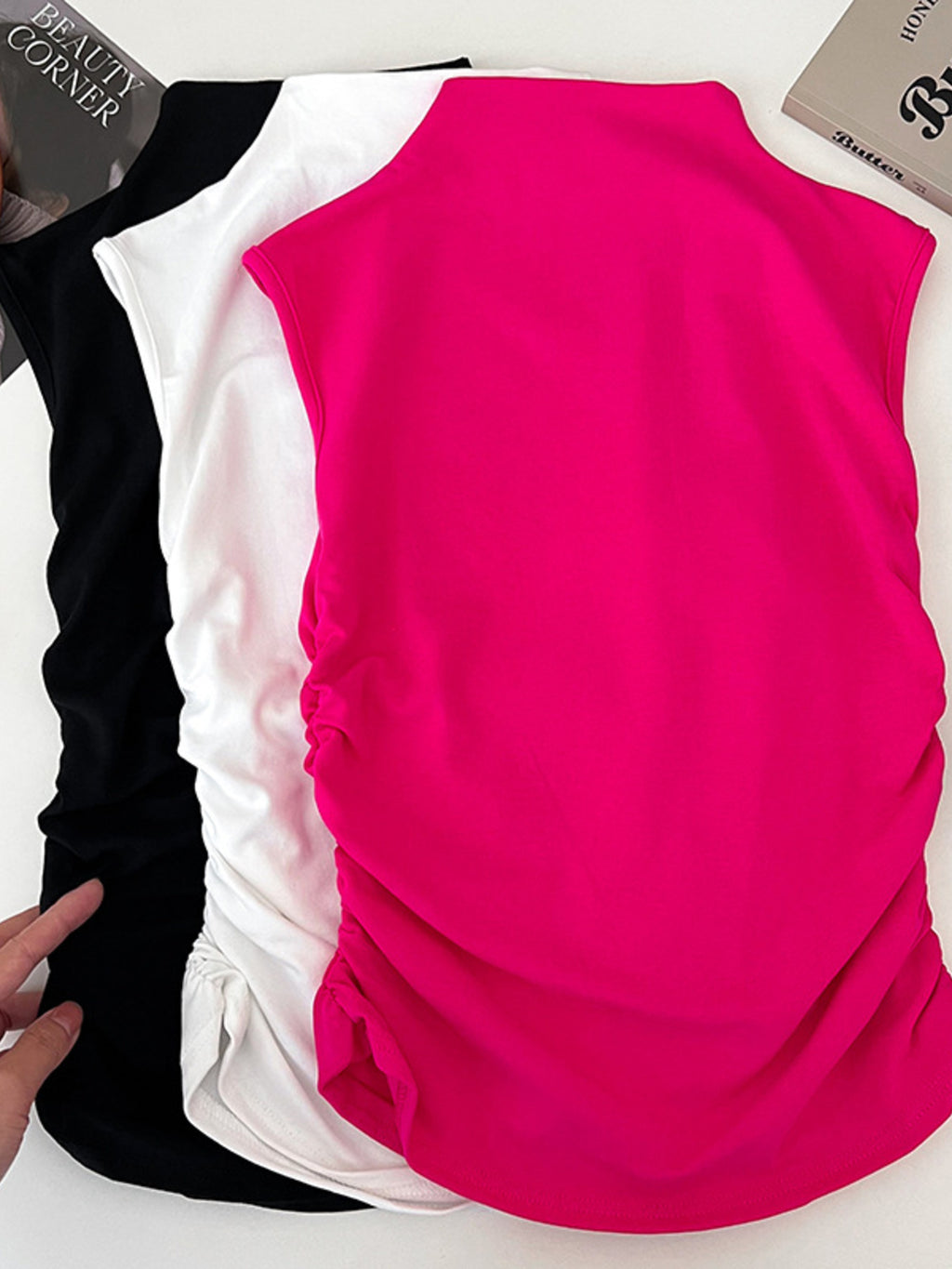 Casual Women's Tank Top Sleeveless Ruched Mock Neck Stretchy Solid Blouses