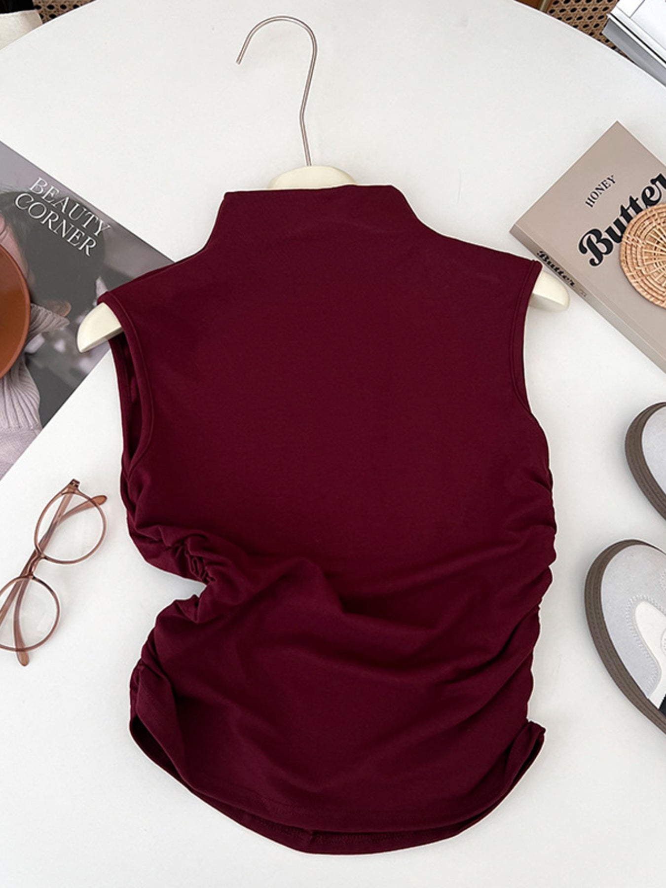 Casual Women's Tank Top Sleeveless Ruched Mock Neck Stretchy Solid Blouses