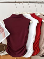 Casual Women's Tank Top Sleeveless Ruched Mock Neck Stretchy Solid Blouses