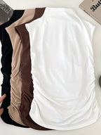 Casual Women's Tank Top Sleeveless Ruched Mock Neck Stretchy Solid Blouses