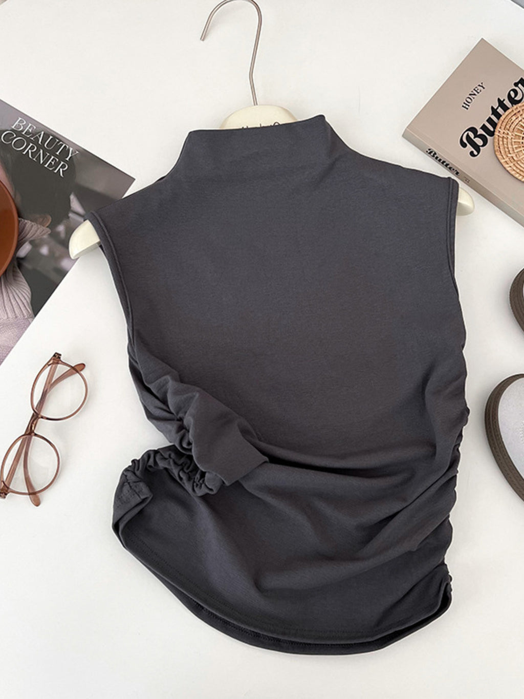 Casual Women's Tank Top Sleeveless Ruched Mock Neck Stretchy Solid Blouses