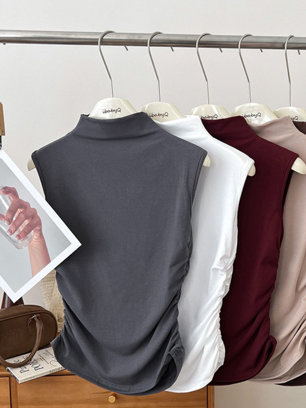 Casual Women's Tank Top Sleeveless Ruched Mock Neck Stretchy Solid Blouses