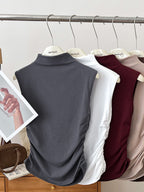 Casual Women's Tank Top Sleeveless Ruched Mock Neck Stretchy Solid Blouses
