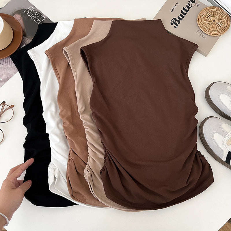 Casual Women's Tank Top Sleeveless Ruched Mock Neck Stretchy Solid Blouses