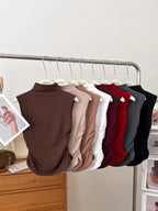 Casual Women's Tank Top Sleeveless Ruched Mock Neck Stretchy Solid Blouses