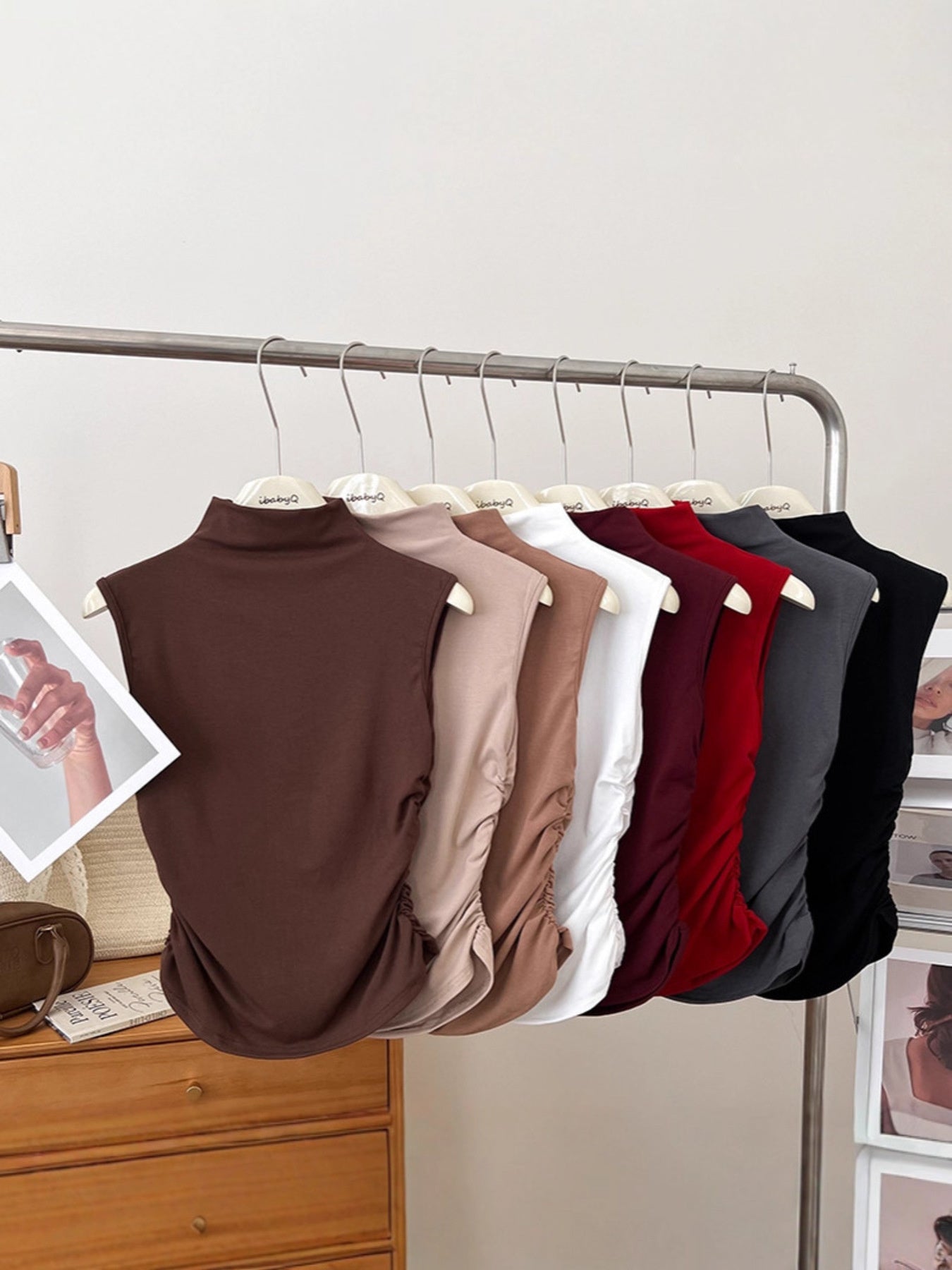 Casual Women's Tank Top Sleeveless Ruched Mock Neck Stretchy Solid Blouses