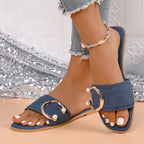 Women's Casual Flats Pearl Buckle Open Toe Summer Sandals Low Heel Shoes