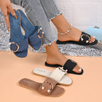 Women's Casual Flats Pearl Buckle Open Toe Summer Sandals Low Heel Shoes