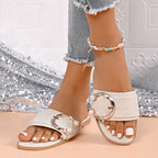 Women's Casual Flats Pearl Buckle Open Toe Summer Sandals Low Heel Shoes