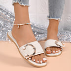 Women's Casual Flats Pearl Buckle Open Toe Summer Sandals Low Heel Shoes