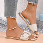 Women's Casual Flats Pearl Buckle Open Toe Summer Sandals Low Heel Shoes