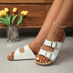 Women's Casual Flat Snadlas Double Buckle Strap Open Toe Pu Leather Shoes