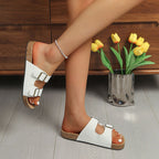 Women's Casual Flat Snadlas Double Buckle Strap Open Toe Pu Leather Shoes