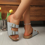 Women's Casual Flat Snadlas Double Buckle Strap Open Toe Pu Leather Shoes
