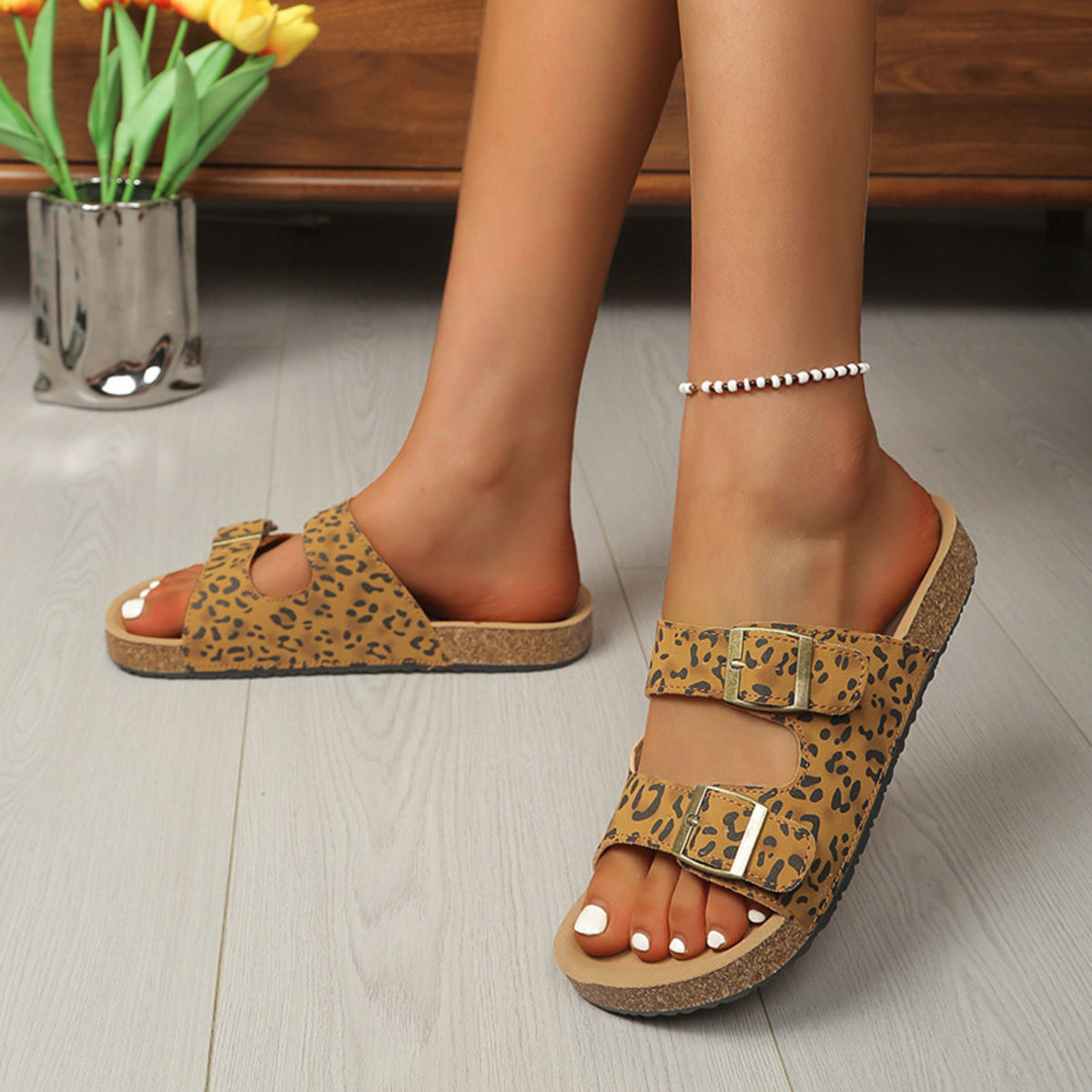 Women's Casual Flat Snadlas Double Buckle Strap Open Toe Pu Leather Shoes