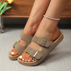 Women's Casual Flat Snadlas Double Buckle Strap Open Toe Pu Leather Shoes