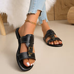 Women's Casual Sandals Buckled Pu Leather Slide Sandals Summer Flats