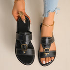 Women's Casual Sandals Buckled Pu Leather Slide Sandals Summer Flats