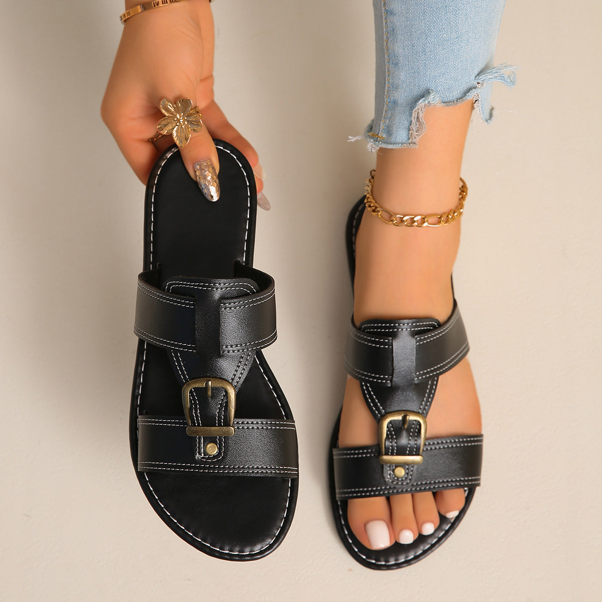 Women's Casual Sandals Buckled Pu Leather Slide Sandals Summer Flats