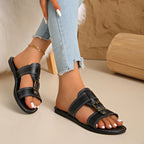 Women's Casual Sandals Buckled Pu Leather Slide Sandals Summer Flats
