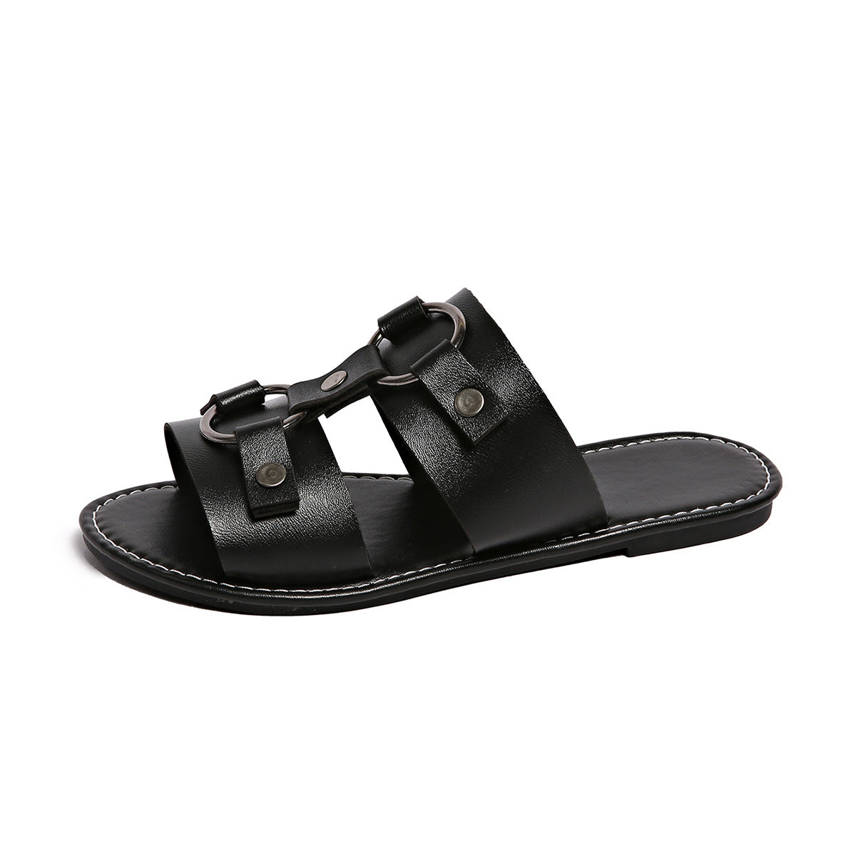 Women's Casual Sandals Buckled Pu Leather Slide Sandals Summer Flats