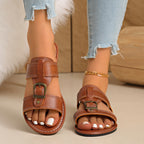 Women's Casual Sandals Buckled Pu Leather Slide Sandals Summer Flats
