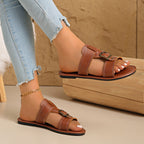 Women's Casual Sandals Buckled Pu Leather Slide Sandals Summer Flats