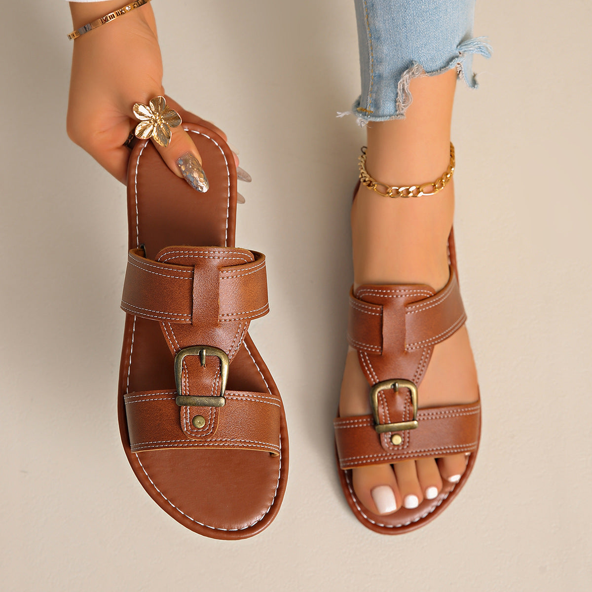 Women's Casual Sandals Buckled Pu Leather Slide Sandals Summer Flats