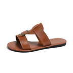 Women's Casual Sandals Buckled Pu Leather Slide Sandals Summer Flats