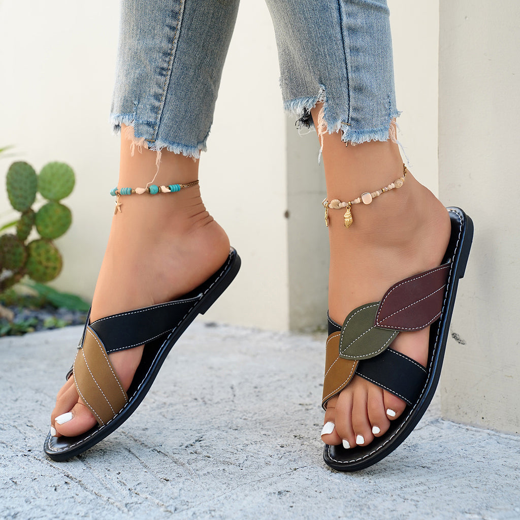 Women's Flat Sandals Cross Leaf Strap Open Toe Pu Leather Comfort Shoes