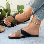Women's Flat Sandals Cross Leaf Strap Open Toe Pu Leather Comfort Shoes