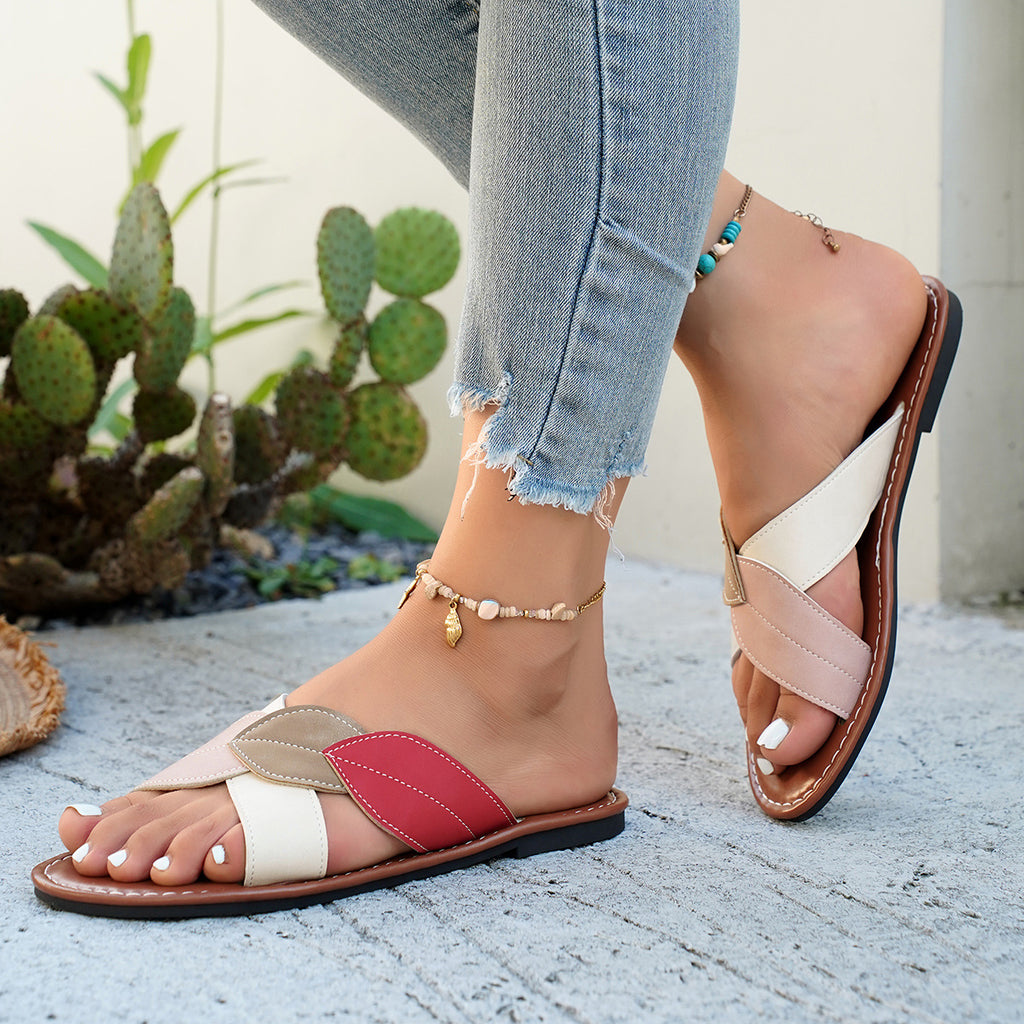 Women's Flat Sandals Cross Leaf Strap Open Toe Pu Leather Comfort Shoes
