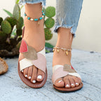 Women's Flat Sandals Cross Leaf Strap Open Toe Pu Leather Comfort Shoes