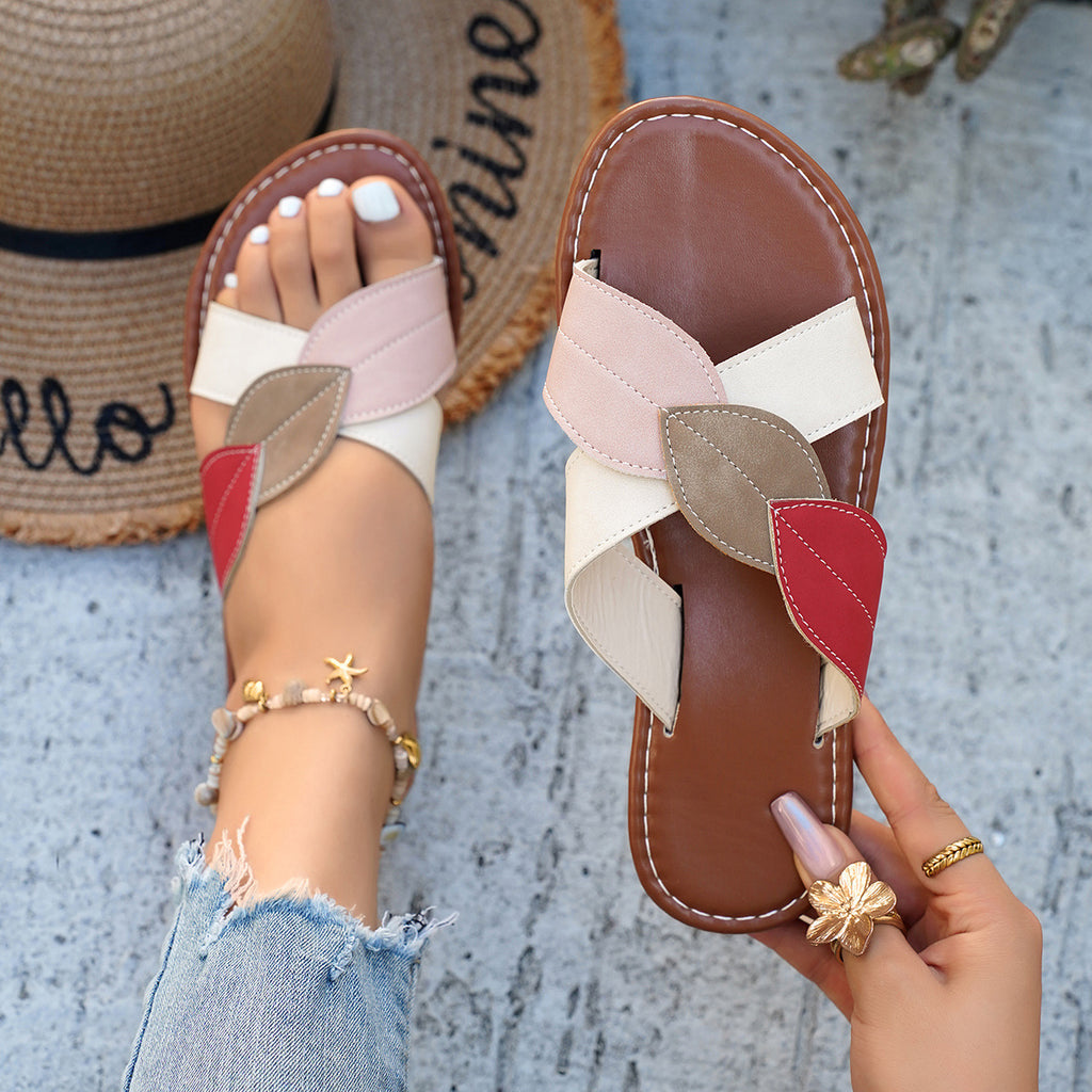 Women's Flat Sandals Cross Leaf Strap Open Toe Pu Leather Comfort Shoes