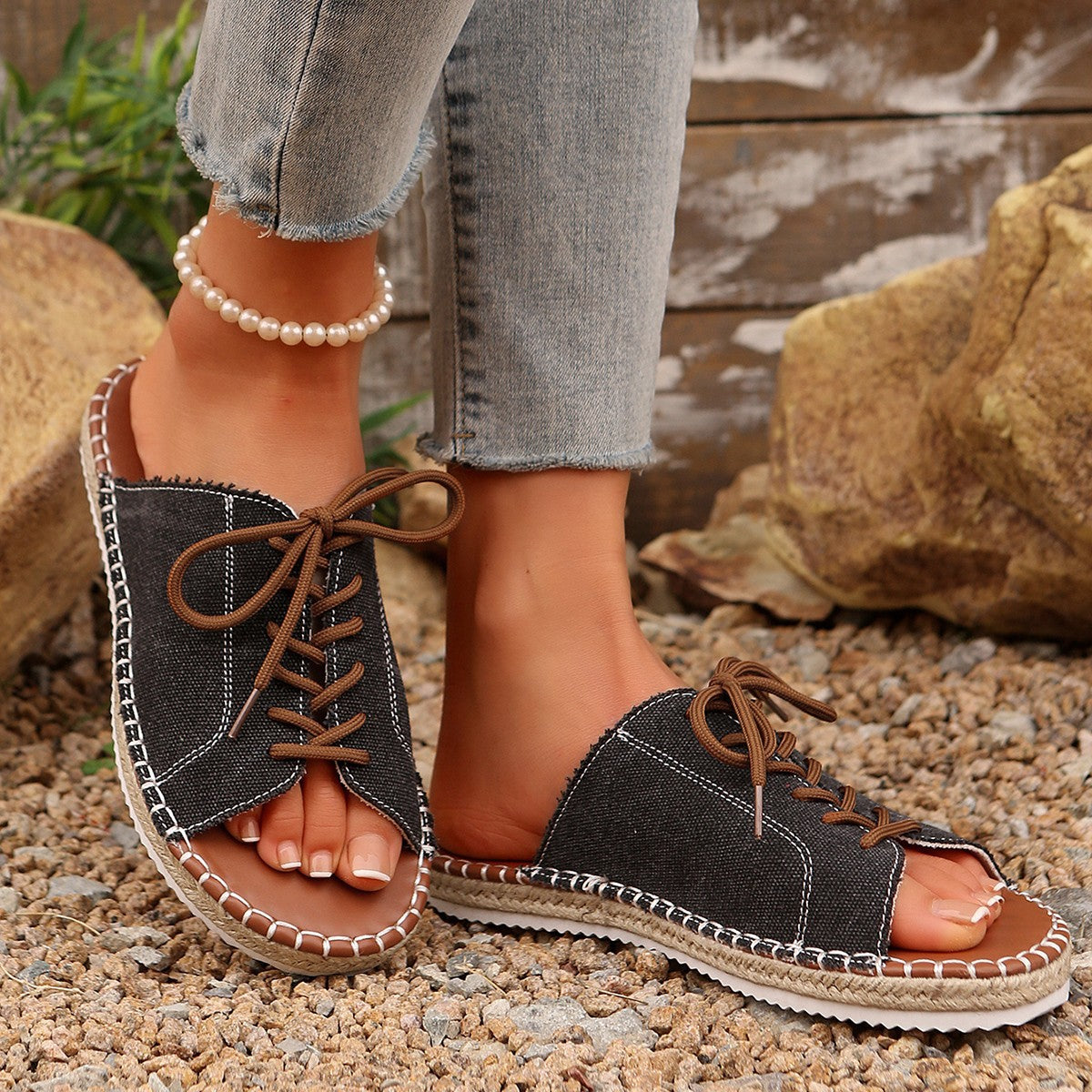 Women's Casual Lace Up Sandals Open Toe Lightweight Woven Flat Shoes