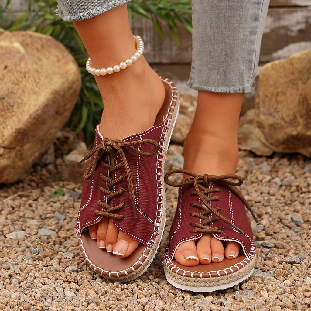 Women's Casual Lace Up Sandals Open Toe Lightweight Woven Flat Shoes