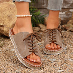 Women's Casual Lace Up Sandals Open Toe Lightweight Woven Flat Shoes