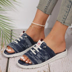 Women's Platform Sandals Denim Lace-up Raw Open Toe Casual Summer Flats