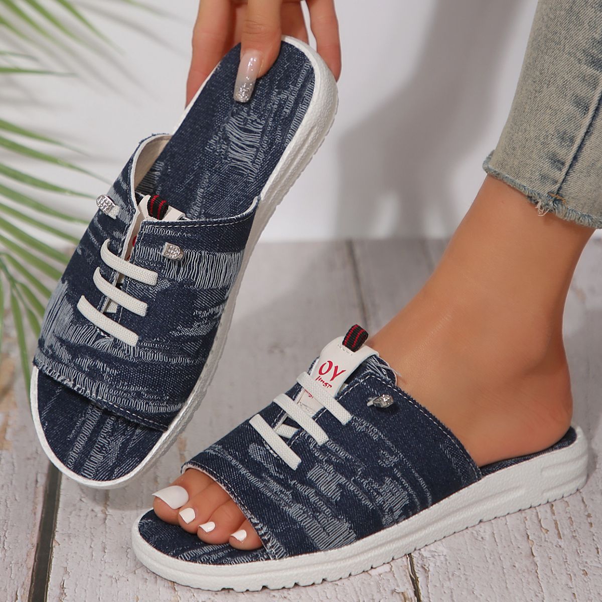 Women's Platform Sandals Denim Lace-up Raw Open Toe Casual Summer Flats