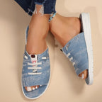 Women's Platform Sandals Denim Lace-up Raw Open Toe Casual Summer Flats