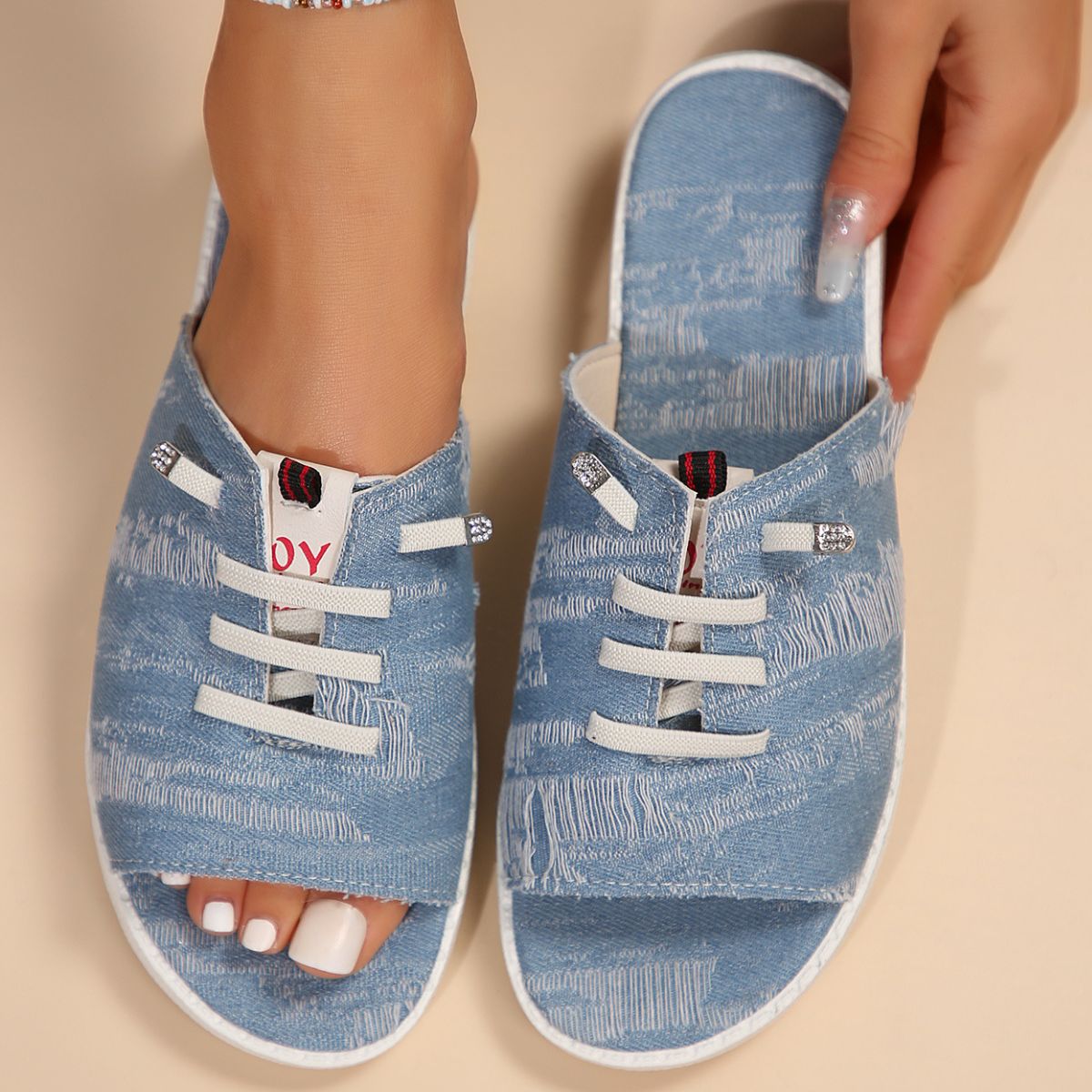 Women's Platform Sandals Denim Lace-up Raw Open Toe Casual Summer Flats