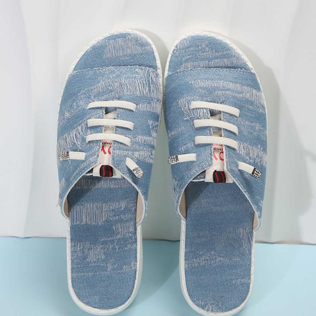 Women's Platform Sandals Denim Lace-up Raw Open Toe Casual Summer Flats