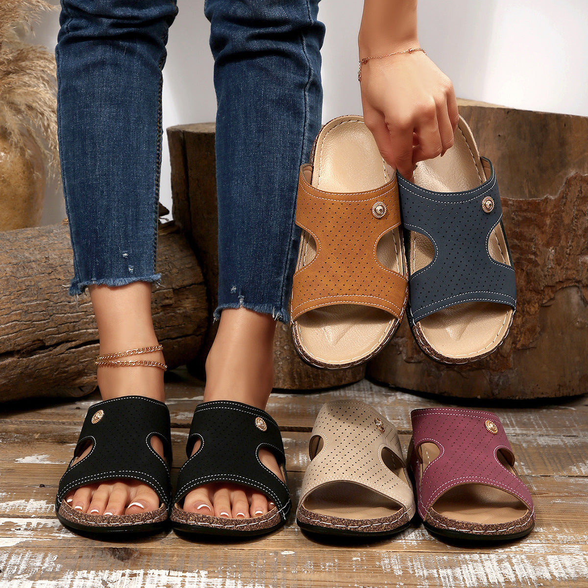 Women's Wedge Sandals Open Toe Breathable Cut Out Mid Heels Summer Shoes