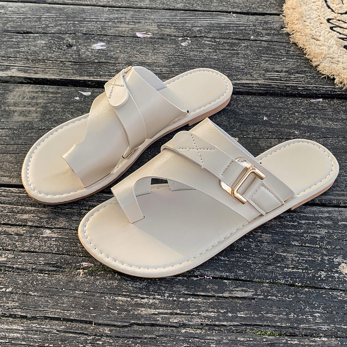 Women's Summer Flats Toe Loop Buckle Strap Sandals Casual Fashion Shoes